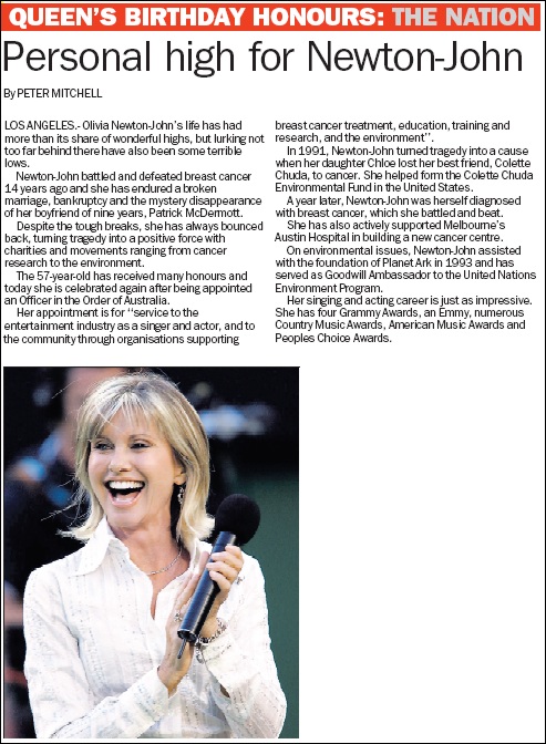 Queen's birthday honours for Olivia - Mercury