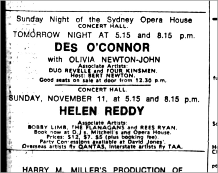 Olivia to perform at Sydney Opera House Nov 4 1973 - Sydney Morning Herald