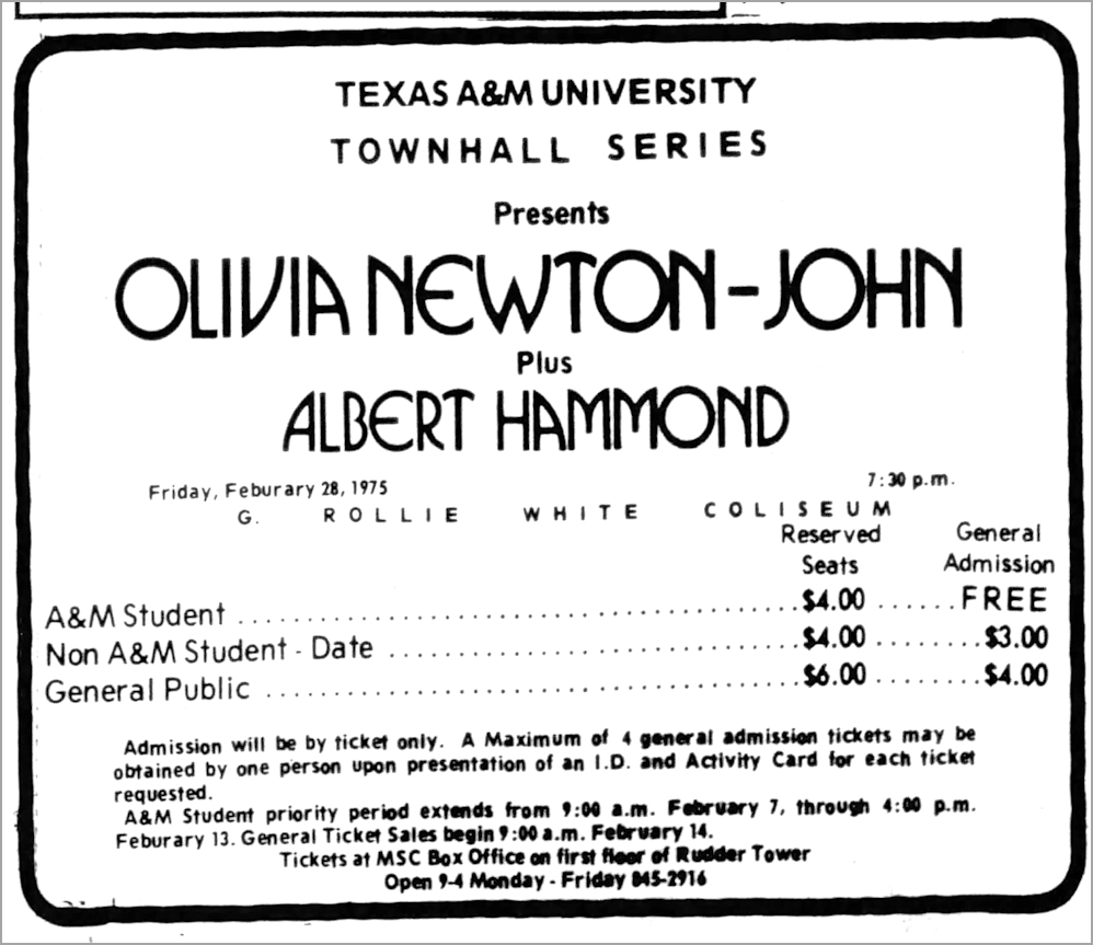 Ticket adverts for Texas A&M University show, February 28 1975 - Bryan College Station Eagle