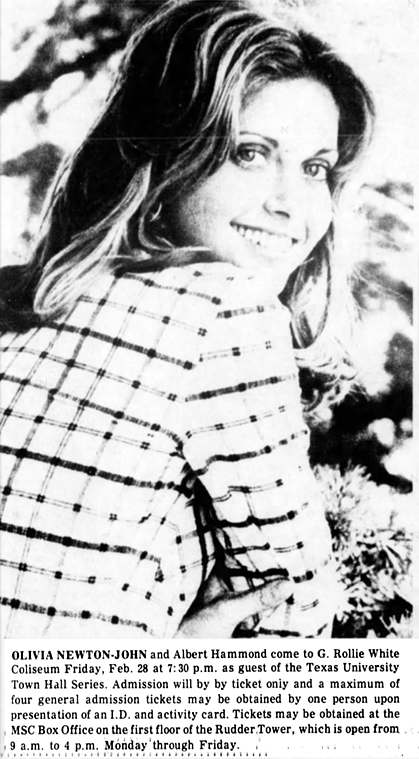 Ad for Olivia live at Texas A&M university, TX, 28 Feb 1975 - The Eagle