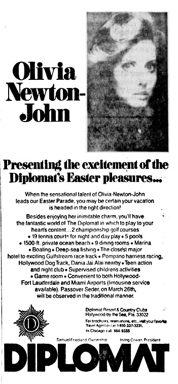 Ad for Olivia headlining Easter Parade at Diplomat resort. Hollywood-by-the-sea, FL - Chicago Tribune