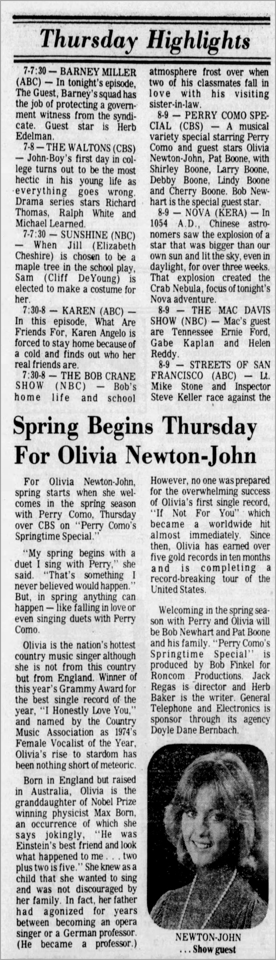 Olivia to appear on Perry Como Springtime Special - San Angelo Standard Times