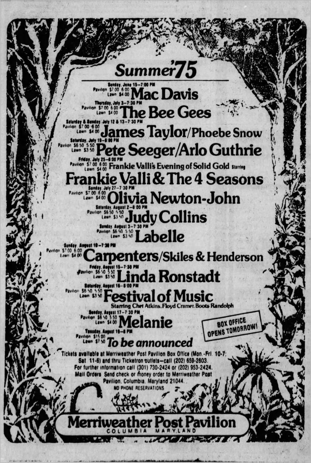 Merriweather Post Pavilion, Columbia concert advert August 2 1975 -  The Baltimore Sun