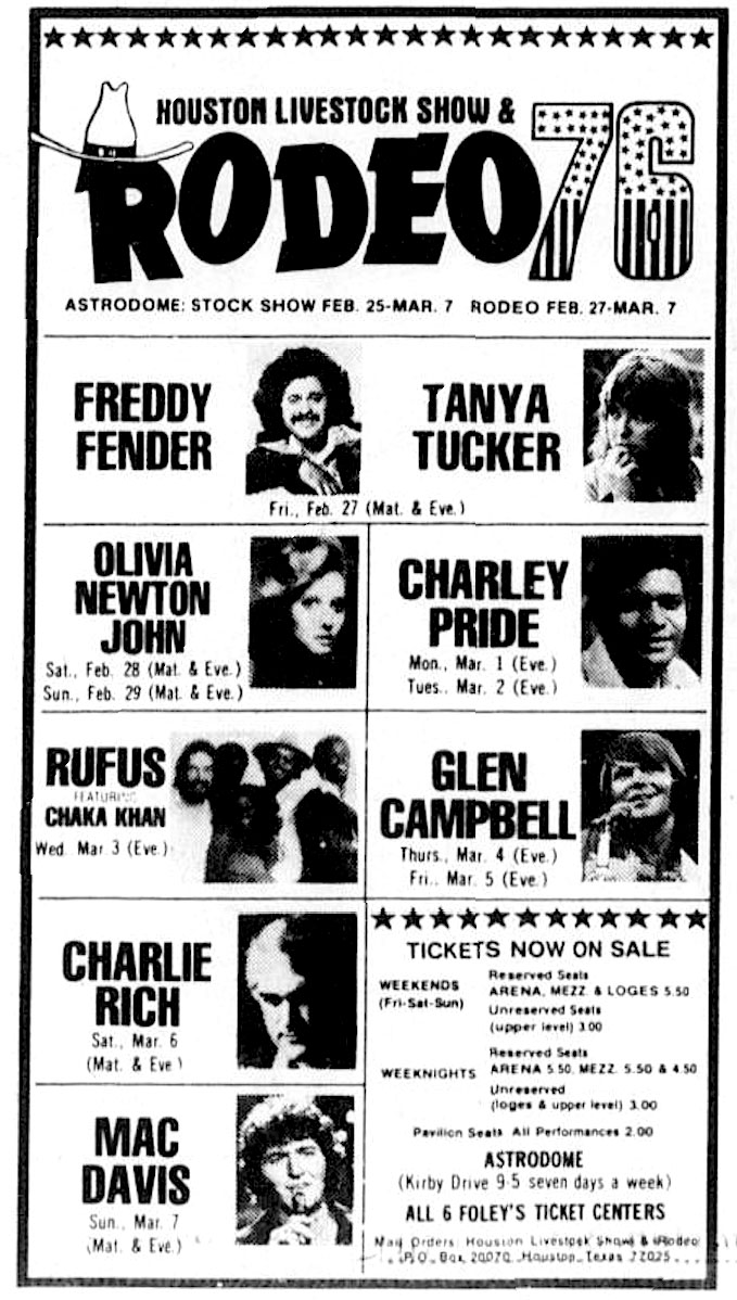 Ad for Olivia live at the Houston Astrodome Feb 28 and 29 - The Bellaire