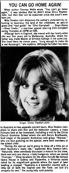 You Can Go Home Again (about Olivia accompanying Glenn Campbell to Australia for a TV special) - San Bernardino Sun