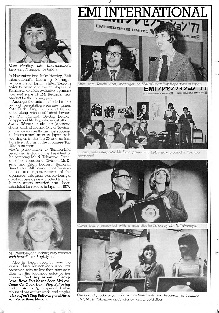 EMI record company visit to Japan featuring several gold discs for Olivia, pics - Music Talk