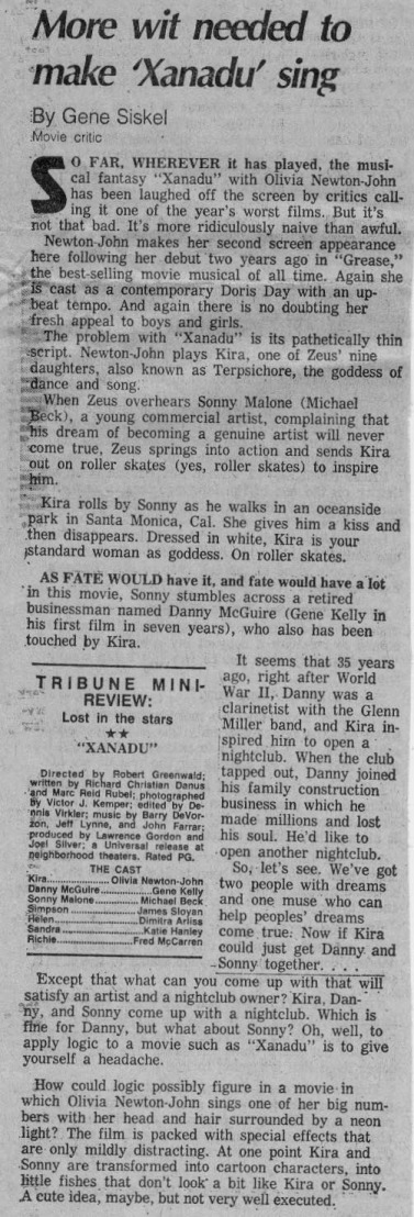 Siskel's review of Xanadu, publication unknown