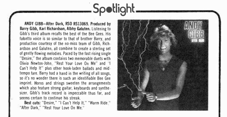 review for After Dark album by Andy Gibb ft I Can't Help It single - Billboard