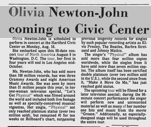 Olivia coming to Hartford Civic Centre, CT August 16 1982 - Record Journal