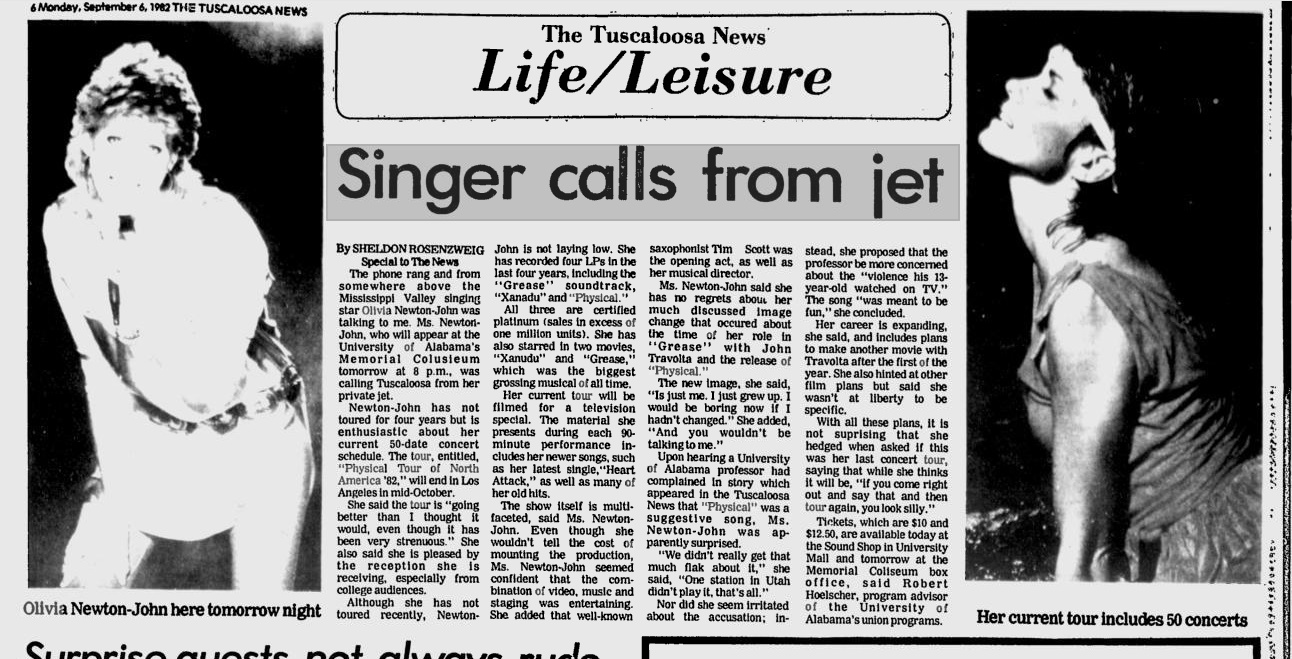 Olivia to perform University of Alabama Sept 7 1982, Singer Calls From Jet - Tuscaloosa News
