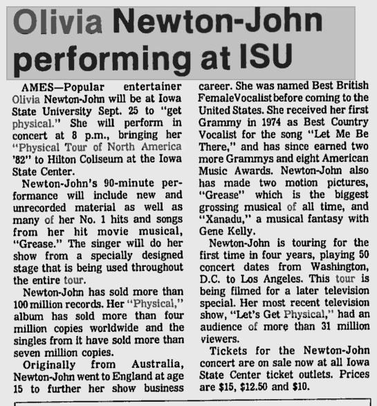 Olivia to perform Iowa State University Sept 25 1982 - Daily Reporter
