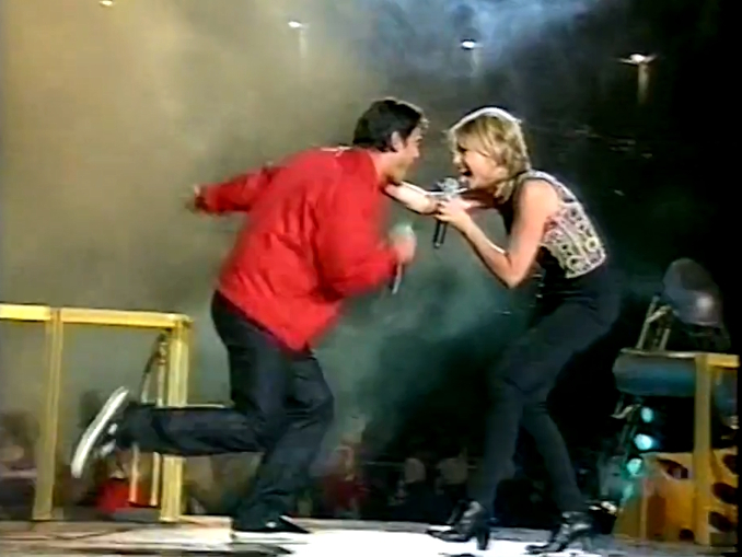 Olivia Newton-John and Jon Stevens Super League Cup Grand Final September 1997 Olivia Newton-John performs at Super League Cup Grand Final September 1997
